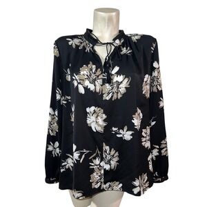 Lucky Brand Black Floral Tassel Neck Long Sleeve Blouse Women's XL Boho Work